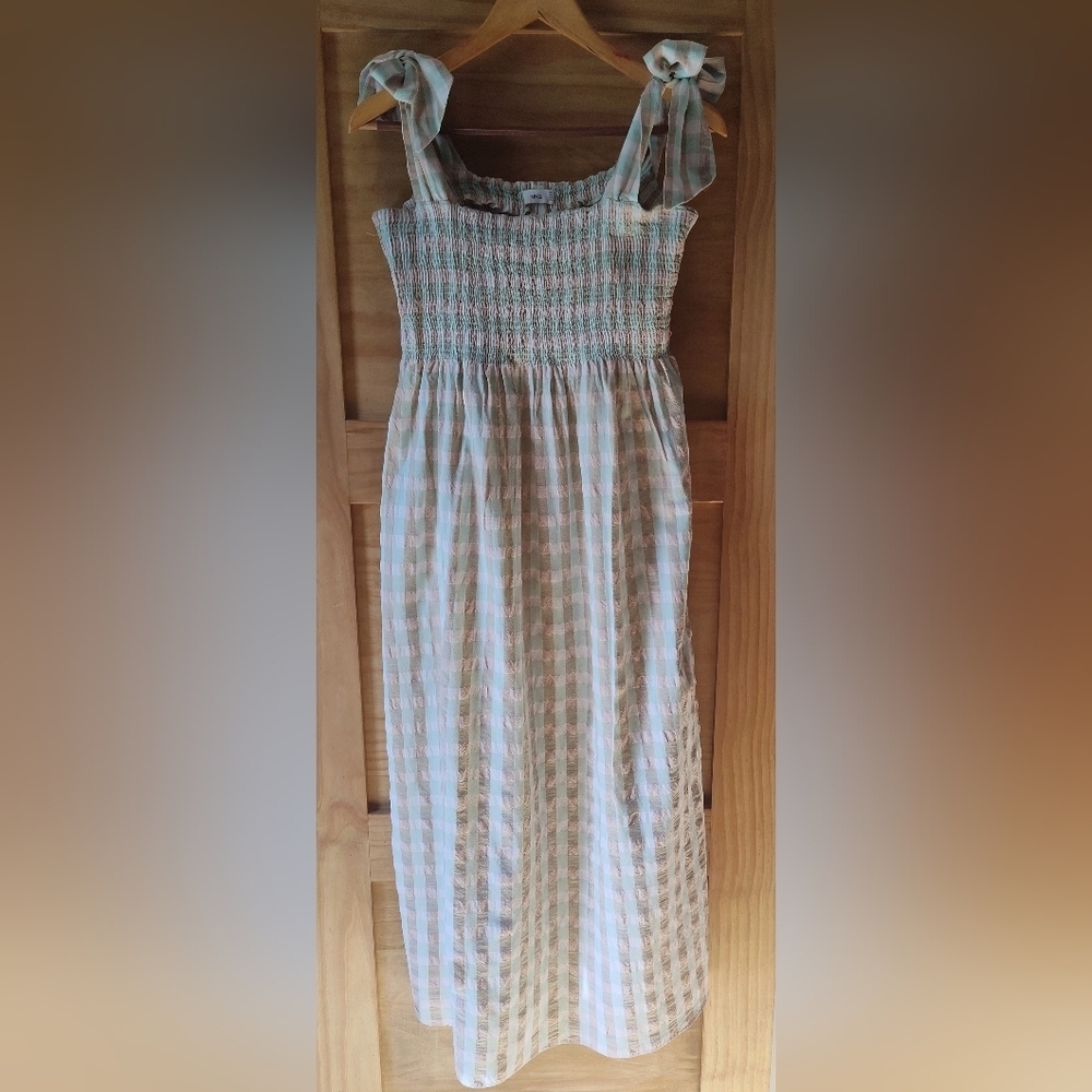 Mango Women's Shirred Searsucker Sundress | Sage Gingham | Medium - Picture 3 of 7